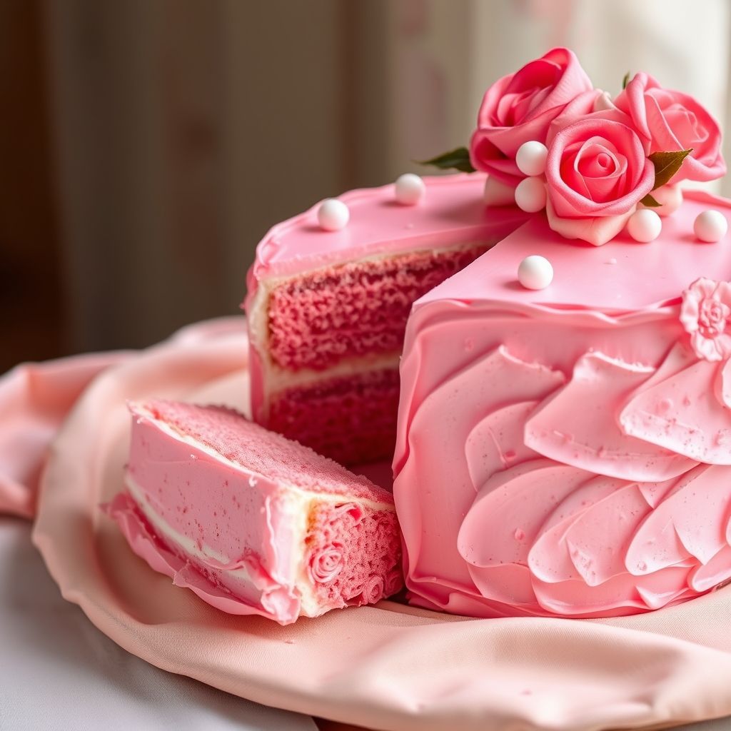 Un gâteau ombré rose avec des couches délicates et veloutées en trois nuances harmonieuses de rose, agrémenté de glaçage plus clair et plus foncé. Une part parfaite a été retirée, dévoilant des couches de gâteau à la fraise entrelacées de crème blanche, contrastant élégamment avec les couleurs vibrantes. Le dessus est décoré de rosettes et perles en sucre, apportant une touche artistique. Présenté sur une assiette beige douce, accompagné d’un tissu rose pastel, créant une ambiance chaleureuse et festive. L’image transmet une sensation de douceur et de joie, parfaite pour une occasion spéciale ou une pause gourmande.