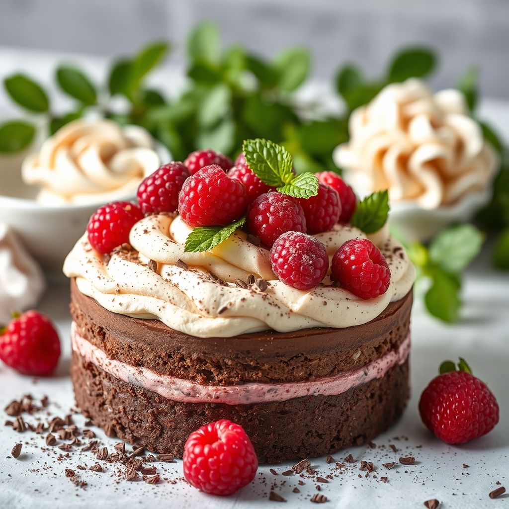 Tranche gourmande de gâteau chocolat et mousse, surmontée de crème fouettée et framboises fraîches. La base cacao sombre contraste avec les textures aériennes au-dessus, tandis que les framboises rouges vives ajoutent couleur et acidité. Un saupoudrage brillant de copeaux de chocolat complète la présentation. Le décor présente une couverture douce aux tons neutres avec des touches de verdure floutée en arrière-plan, créant une atmosphère cosy et invitante. L’ensemble inspire chaleur, parfait pour toute occasion sucrée.