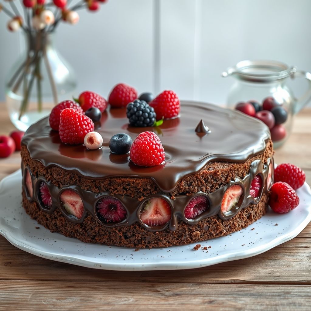 Un somptueux gâteau au chocolat à trois couches, généreusement nappé d'un glaçage crémeux, est magnifiquement décoré de baies fraîches colorées — fraises, myrtilles, framboises et mûres — apportant des touches vives contrastant avec le brun riche du gâteau. Ce dessert gourmand est présenté sur une assiette blanche simple, posée sur une table en bois rustique qui renforce l'atmosphère chaleureuse et accueillante. À gauche, un vase en verre délicat porte des branches avec de petites fleurs blanches et des feuilles vertes, complétant l'ambiance festive évoquée par le gâteau. Une tasse blanche, probablement remplie d'une boisson chaude, invite à un moment de détente. L'ensemble crée une ambiance sereine et joyeuse, idéale pour une réunion ou une occasion spéciale.