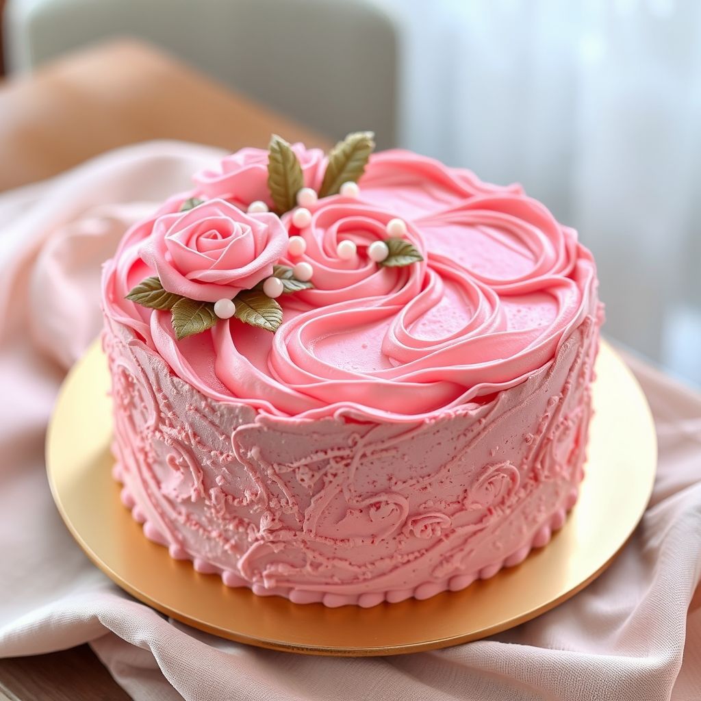 Un gâteau ombré rose aux couches veloutées et textures douces, décoré avec des rosettes précises et perles en sucre, présenté sur une assiette beige avec un tissu pastel, évoquant une ambiance festive et douce. Idéal pour célébrations et moments inoubliables.