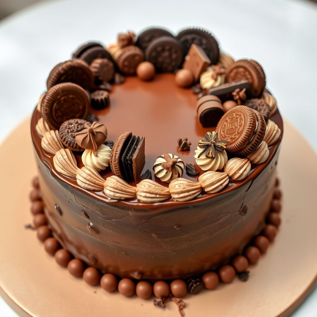 Un gâteau au chocolat riche et appétissant posé sur une assiette beige clair, recouvert d’une ganache semi-sucrée qui coule élégamment sur les côtés. Surmonté d’une variété d’éléments chocolatés : biscuits Oreo, barres de chocolat et décorations fines en chocolat, il constitue un régal visuel. L’arrière-plan rose pastel met en valeur cette création haut de gamme, avec des pépites de chocolat et petites confiseries parsemées autour, évoquant une célébration élégante.