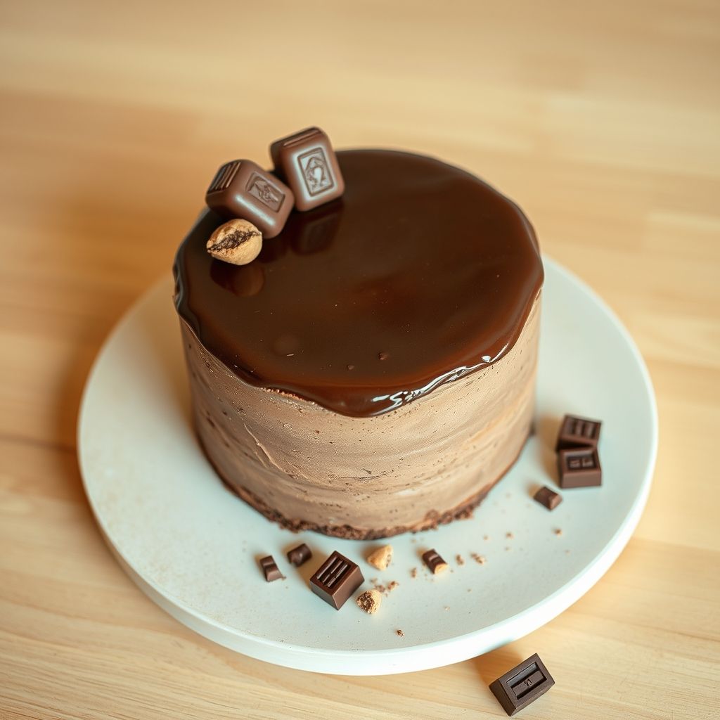 Un gâteau au chocolat somptueux sur une assiette beige clair, avec ganache lustrée coulant sur les côtés, garni d’éléments chocolatés variés. L’arrière-plan rose pastel valorise cette présentation élégante et gourmande. Des pépites de chocolat et confiseries décorent la base, évoquant une ambiance festive et raffinée.