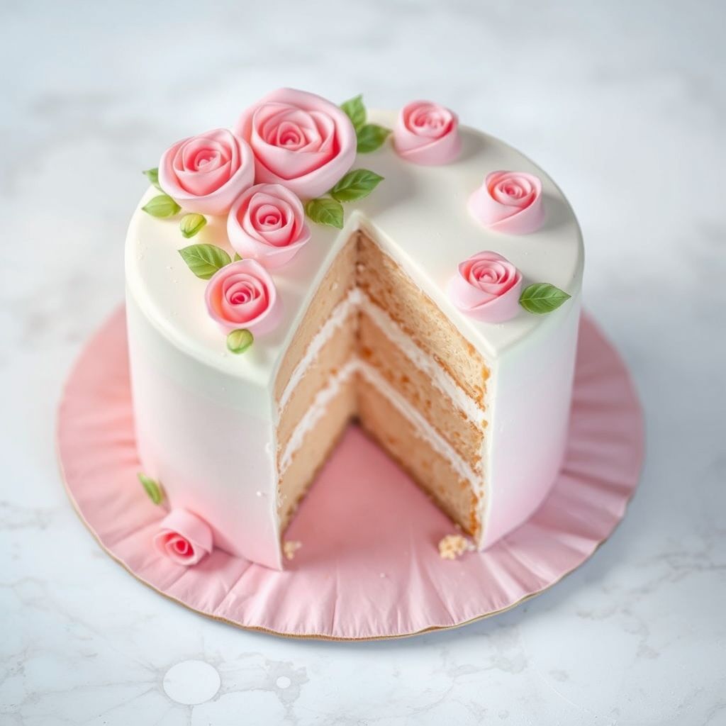 Un gâteau finement décoré, aux nuances roses délicates et au glaçage travaillé, dévoilant un intérieur mêlant rose et blanc. Composé de plusieurs couches de génoise séparées par une crème onctueuse, il est orné de motifs pipés en forme de roses et tourbillons en sucre. Présenté sur une assiette ronde avec un tissu rose pastel, il évoque la fête et la douceur, parfait pour un anniversaire ou une célébration.
