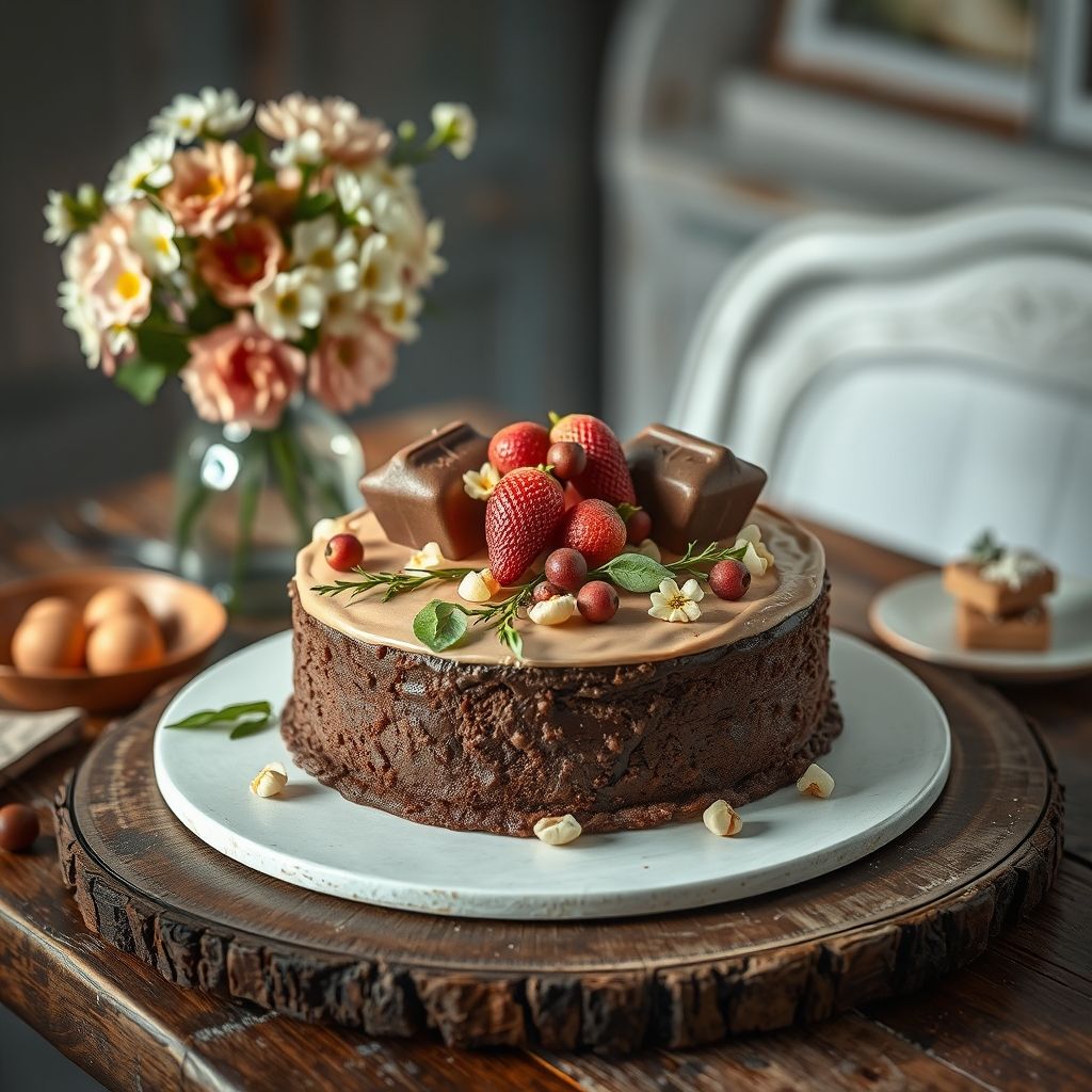Gâteau chocolat à trois couches, garni de baies colorées sur un glaçage crémeux, posé sur une table rustique avec vase de fleurs blanches et tasse de boisson chaude, créant une atmosphère conviviale et festive.