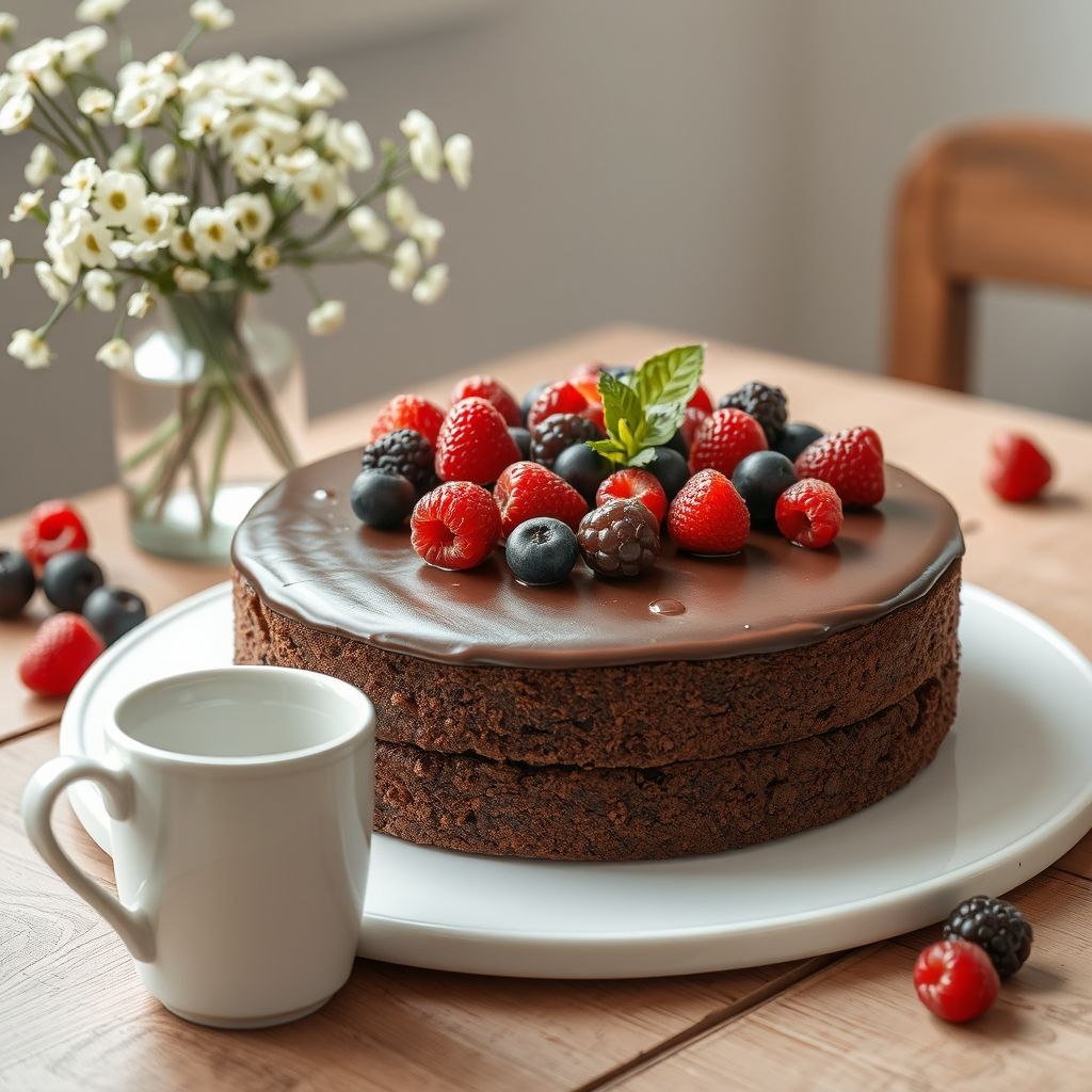 Un délicieux gâteau au chocolat à trois couches, garni d’un assortiment vibrant de baies fraîches — fraises, framboises, myrtilles et mûres — posé sur un glaçage chocolaté crémeux. Présenté sur une assiette blanche simple, posé sur une table en bois rustique, l’ensemble dégage une atmosphère chaleureuse et printanière. Un vase transparent rempli de petites fleurs blanches et de feuilles vertes complète la scène, tandis qu’une tasse blanche à proximité invite à un moment convivial. La lumière naturelle douce crée une ambiance festive et gourmande.